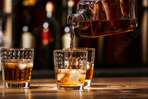 Photography Bartender pouring tasty rum from bottle into glasses at table in bar