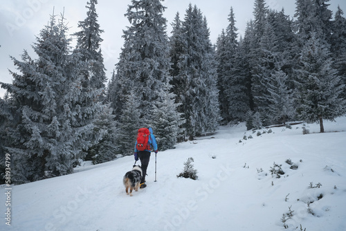 Man hiking with dog in beautiful winter forest in mountain