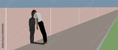 An exasperated man leans with his head down against a wall in this illustration about depression, anxiety, trouble, sadness or other applicable topics. Text area available in this image. photo