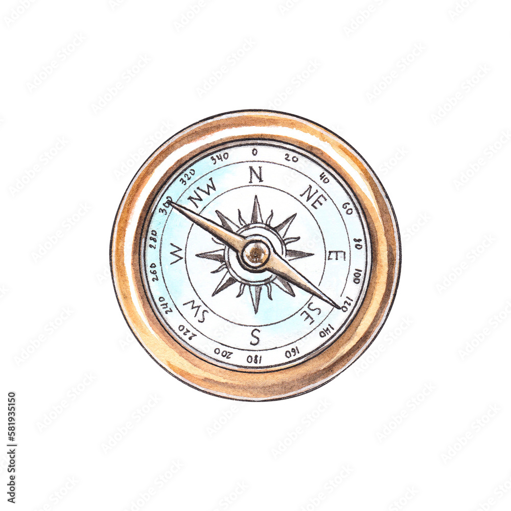 Compass isolated on white background. Watercolor hand drawn illustration vintage nautical compass. For decoration of children's parties, baby shower in a marine and pirate style.