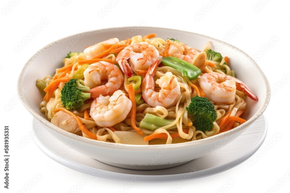 Seafood topped noodles on a white background. Generative AI