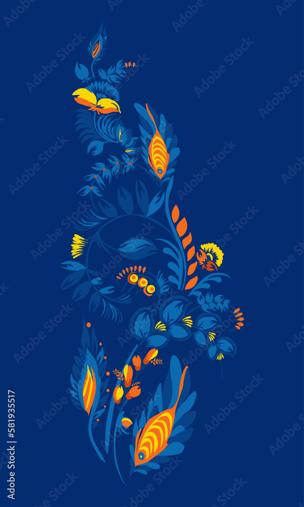 Fototapeta premium Traditional Ukrainian painting of Petrykivka. Elements of blue and yellow floral ornament. Decorative composition.
