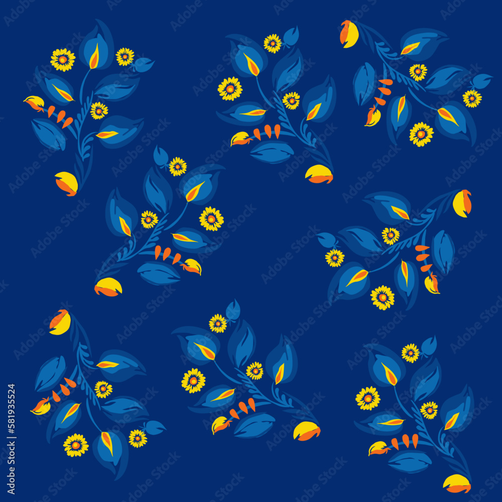 Naklejka premium Traditional Ukrainian painting of Petrykivka. Elements of blue and yellow floral ornament. Decorative composition for the background. Repeating pattern.