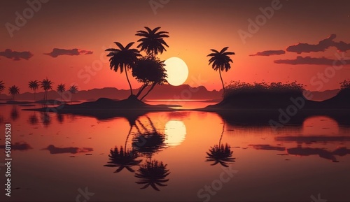 Beautiful sunrise over the tropical beach  Tropical sunset coconut palm trees silhouettes