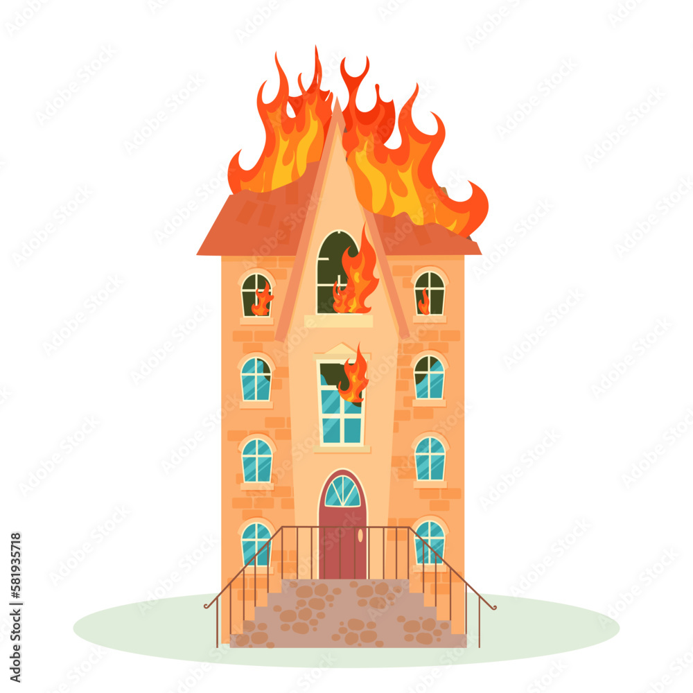 Fire. The destroyed building is on fire. Ruined city buildings after ...