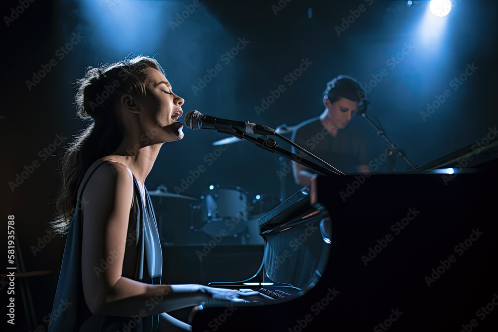 AI Generative Illustration of a young female pianist singing and playing the piano on a stage illuminated by stage lights accompanied by an accompaniment musician AI Generative Illustration of a young female pianist singing and playing the piano on a stage illuminated by stage lights accompanied by an accompaniment musician