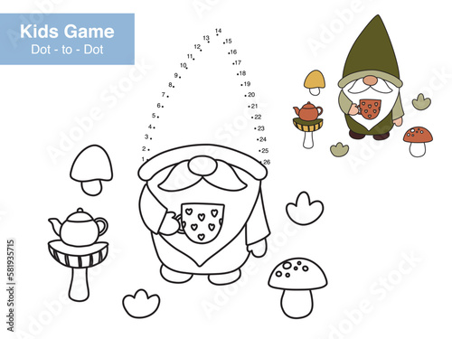 Number game. Dot to dot. Cute garden gnome with tea cup. Cartoon fairy tale character. Educational puzzle. Printable activity page for children. Connect the dots and color. Vector illustration.