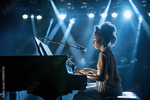 Generative Illustration AI of a black female pianist playing a grand piano on stage during a live performance photo