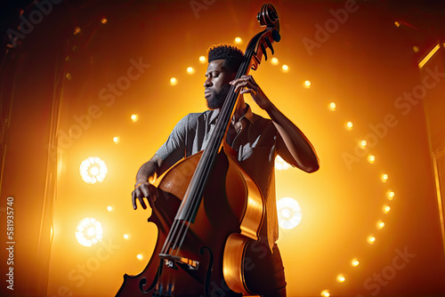 Generative AI Illustration of a black double bass player playing his double bass during a live performance at a concert illuminated by colored lights on stage