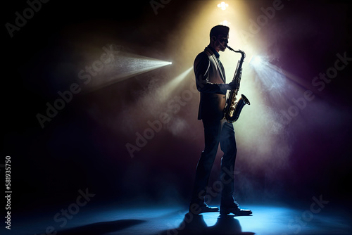 Generative AI Illustration of a saxophonist playing his saxophone during a live performance at a concert illuminated by colored lights on stage