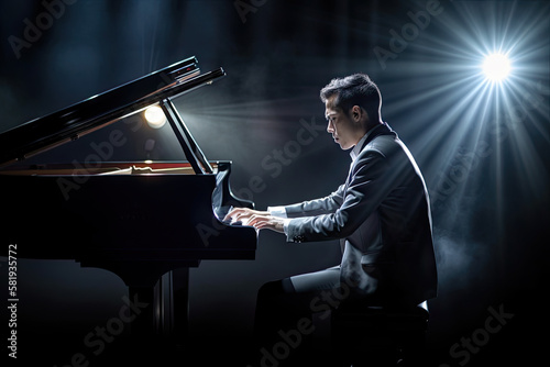 Generative AI Illustration of a pianist playing a grand piano on stage during a live performance photo