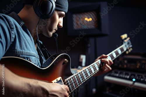 Generative AI Illustration of a guitarist playing electric guitar in a recording studio photo