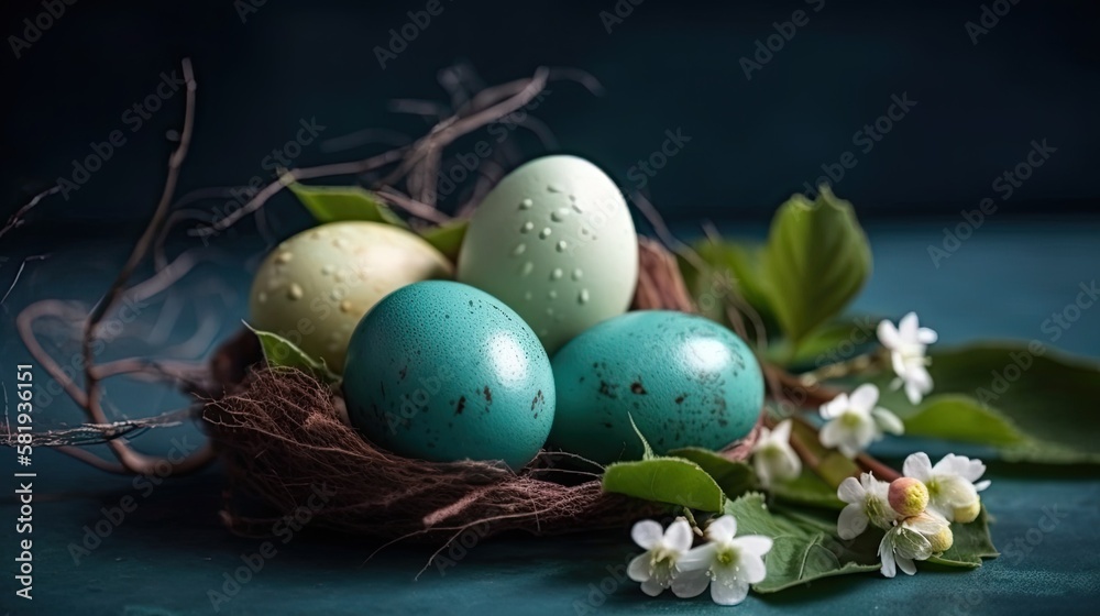 Easter eggs and spring flowers on the table. Tuned in blue. Generative ai illustration.
