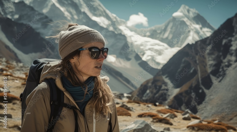 Woman with a backpack looking at the mountains in a windy clear day in the sun light. Generative AI