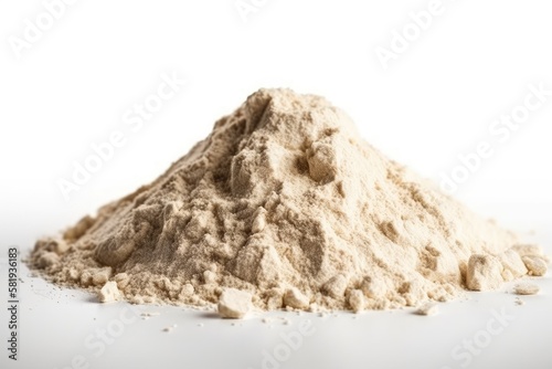 Wheat flour pile on a white background, isolated. looking up. Lay flat. Generative AI