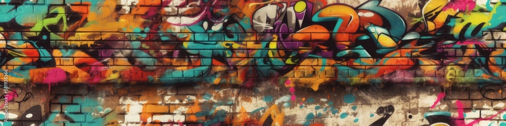Vibrant colors come alive in this street art mural, expressing the artists creativity through a mix of text and graffiti. Full Frame, Generative AI Vibrant colors come alive in this street art mural, expressing the artists creativity through a mix of text and graffiti. Full Frame, Generative AI