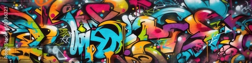 Vibrant colors come alive in this street art mural  expressing the artists creativity through a mix of text and graffiti. Full Frame  Generative AI 