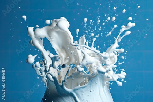 White fat milk splash on a blue background as a design element. Generative AI