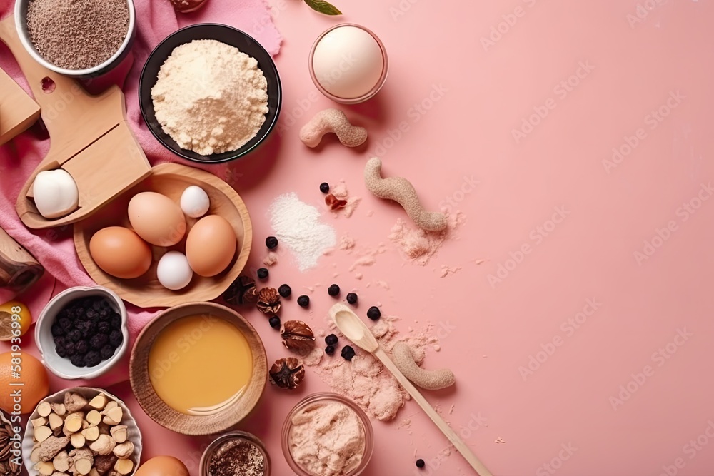 Food components for baking in a frame against a soft pink pastel background. flat lay of food with copy space. looking up. notion of baking. Generative AI Food components for baking in a frame against a soft pink pastel background. flat lay of food with copy space. looking up. notion of baking. Generative AI