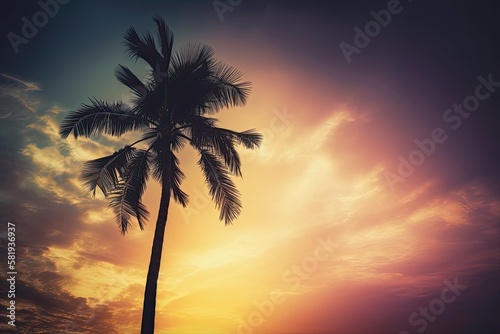 Tropical palm tree silhouette in shadow, lit by the sun against an abstract sunset sky and cloud background. Summertime getaway and outdoor adventure theme. color style with a vintage tone filter effe