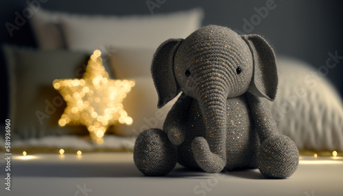 Toy set, elephant in the nursery, collectible knitted doll, soft toy, character for fairy tales and stories in books. Created with artificial intelligence. photo