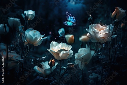 Fantasy Eustoma flowers garden and blue butterfly in enchanted fairy tale dreamy forest, fairytale blooming tender roses in magical night darkness on mysterious dark floral background with rays © AkuAku