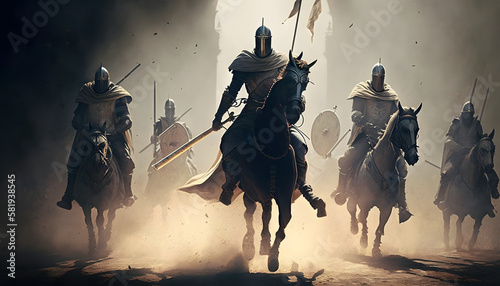 Medieval knights in an epic battle. Generative AI