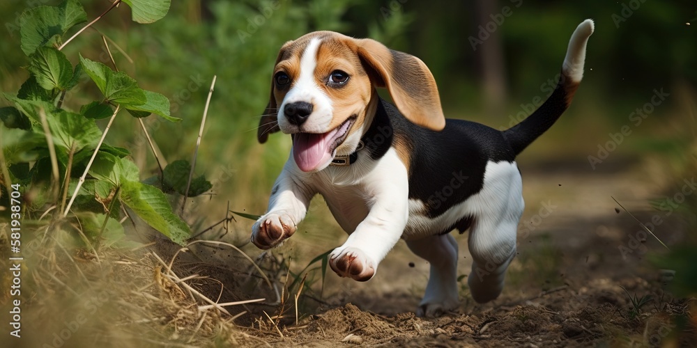 Adorable Beagle frolicking outdoors