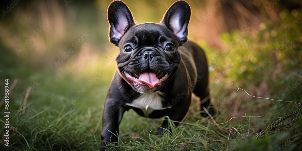 Adorable french bulldog puppy frolicking outdoors