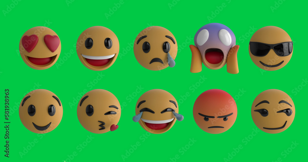 Composition of two rows of emoji icons on green screen background Composition of two rows of emoji icons on green screen background