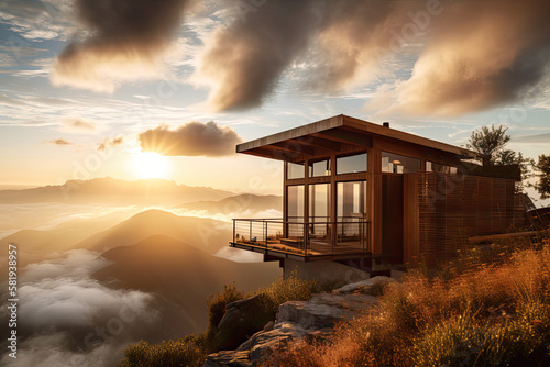 Refúgio na Montanha: Desfrute de um Chalé Aconchegante com Design Moderno e Vista Para as Nuvens. Created using Generative AI.