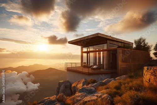 Refúgio na Montanha: Desfrute de um Chalé Aconchegante com Design Moderno e Vista Para as Nuvens. Created using Generative AI.