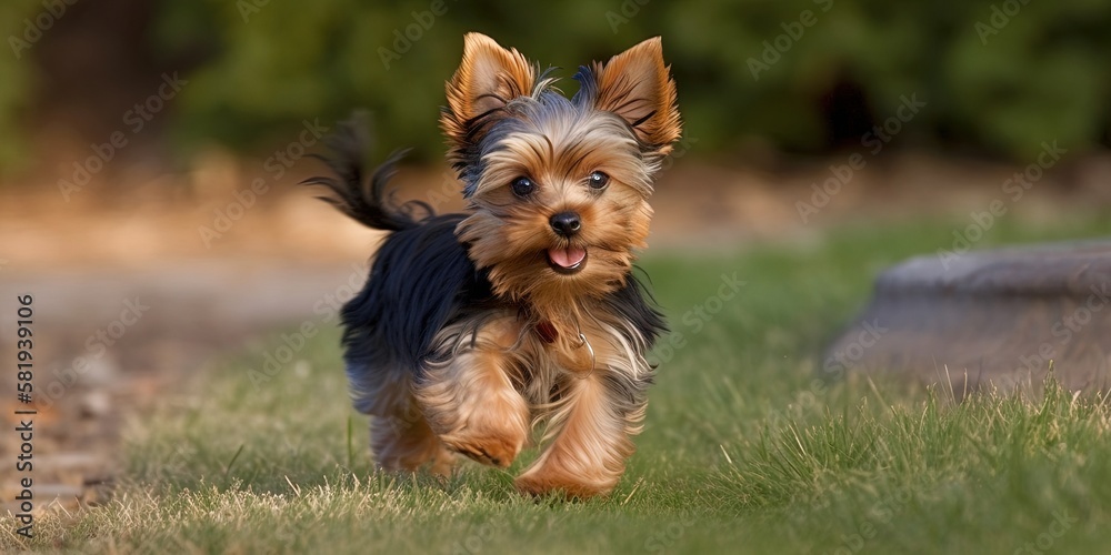 Adorable Yorkshire Terrier puppy frolicking outdoors - obrazy, fototapety, plakaty 