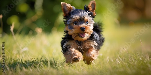 Adorable Yorkshire Terrier puppy frolicking outdoors © Brian