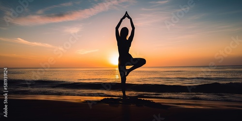 yoga on the beach warrior pose silhouette 