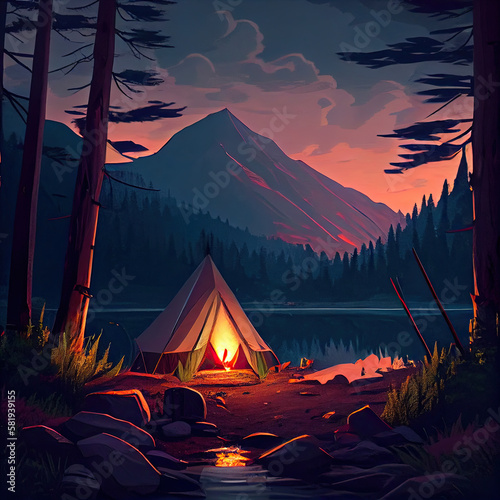 a tent in the middle of a forest at night with a lake and mountains in the background is an orange sunset