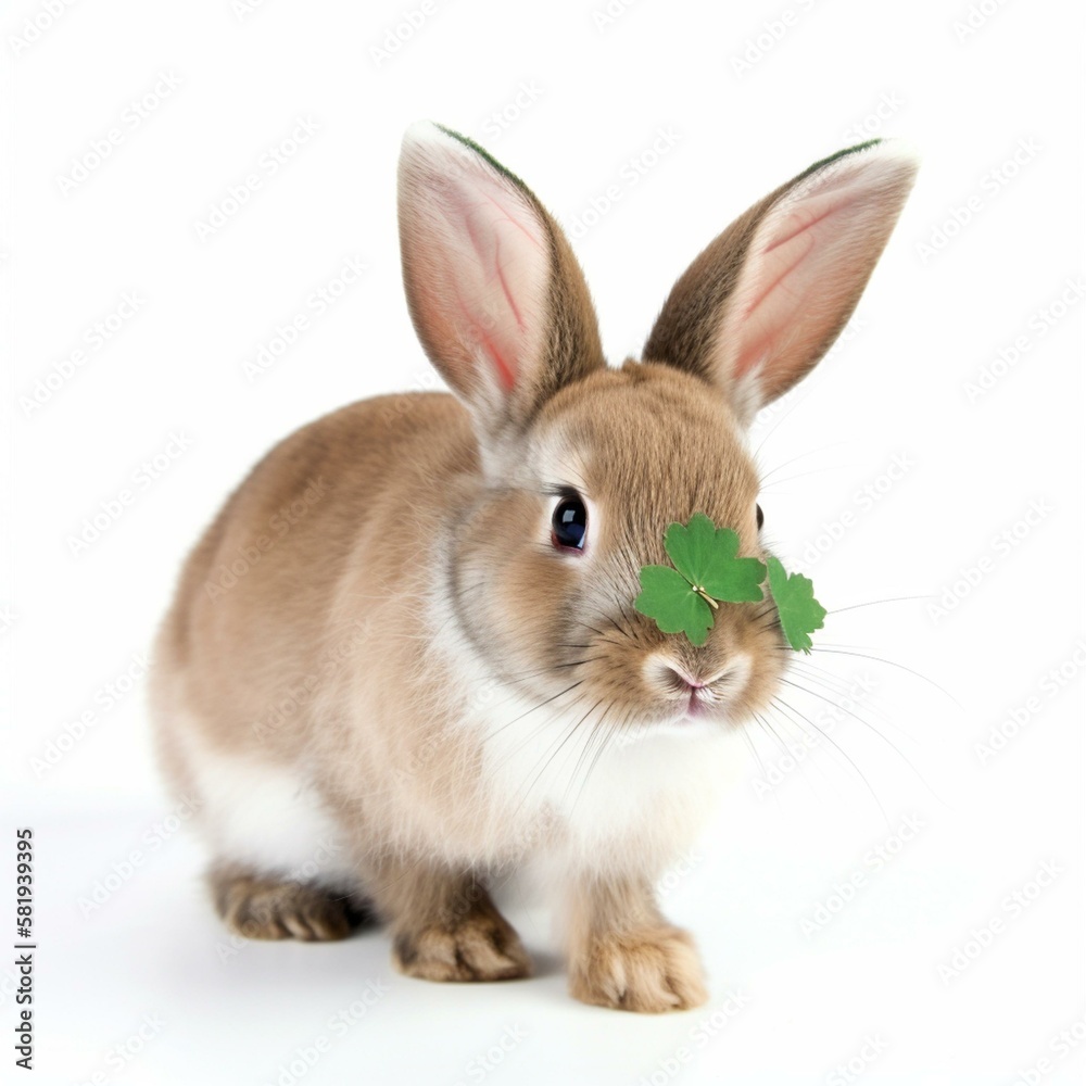 An isolated rabbit with a shamrock on its nose on white background Generative AI An isolated rabbit with a shamrock on its nose on white background Generative AI