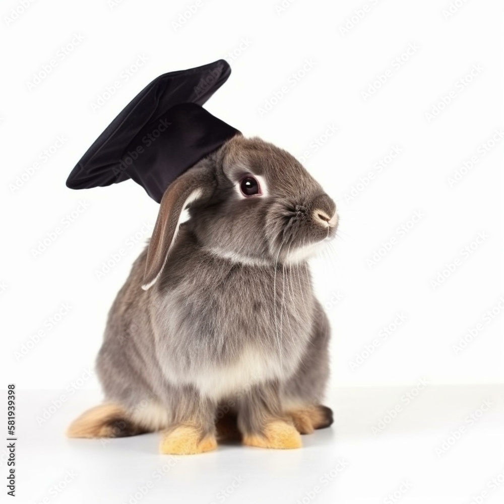 An isolated rabbit with a graduation cap on white background Generative AI An isolated rabbit with a graduation cap on white background Generative AI