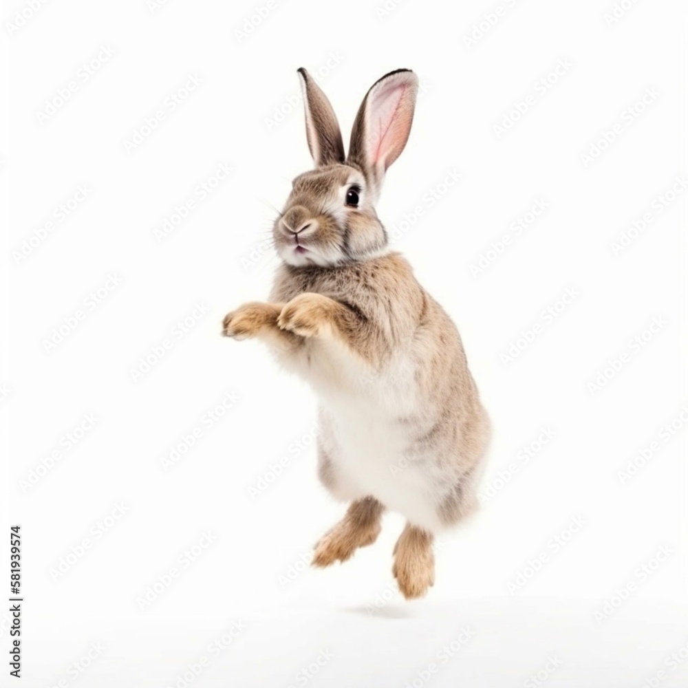 Fototapeta premium An isolated playful rabbit jumping on white background Generative AI