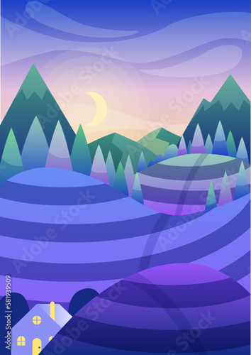 Countrisyde landscape dusk. Crescent moon replaces sun in dark sky. Summer and spring season. Countryside, rural landscape and agriculture at evening. Cartoon flat vector illustration