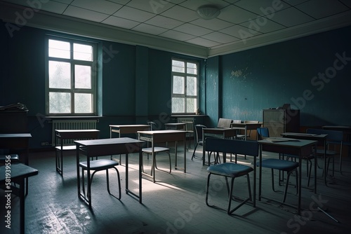 Empty classroom, blue. Generative AI © AkuAku