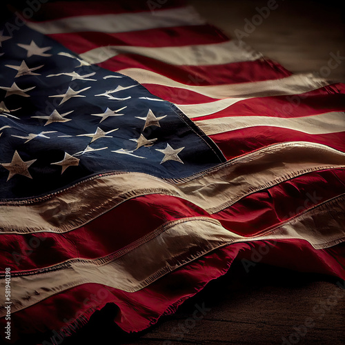 an american flag on a wooden surface with the colors red, white and blue in the background is blurry