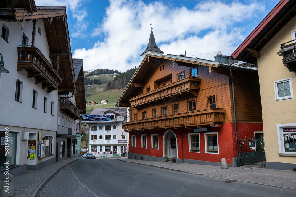 Wagrain, Austria - Street with colorful houses in the mountain town of Wagrain.