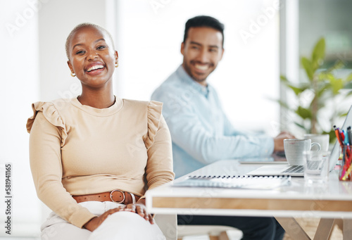 Portrait, business and black woman laughing in office with coworker and pride for career or job. Boss, professional and happy African female entrepreneur with laughter for funny joke, comedy or humor
