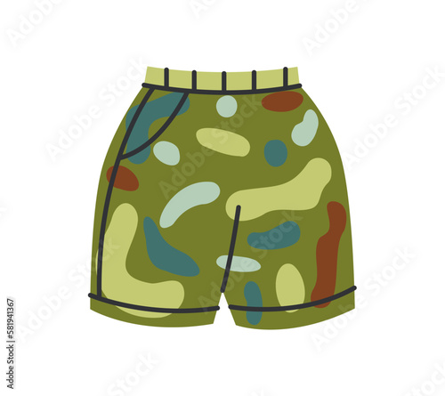 Fashion women clothes. Colorful sticker with summer shorts with popular print. Stylish pants for girls. Trendy Basic Female Garment. Cartoon flat vector illustration isolated on white background