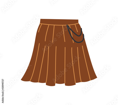 Fashion women clothes. Colorful sticker with short pleated skirt in retro style. Stylish casual apparel. Trendy Basic Female Garment. Cartoon flat vector illustration isolated on white background