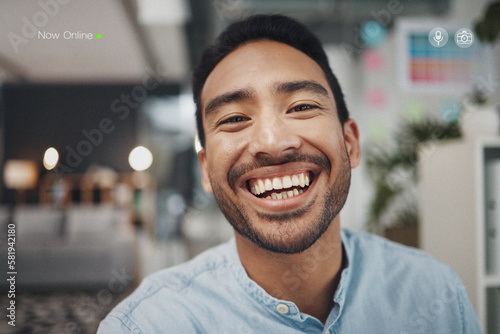 Portrait, live streaming and asian man in office, happy and excited for online followers on blurred background. Face, pov and businessman influencer at work for content creation, blog or vlog website photo