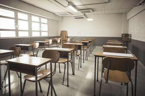 tables and chairs in a college classroom. Generative AI