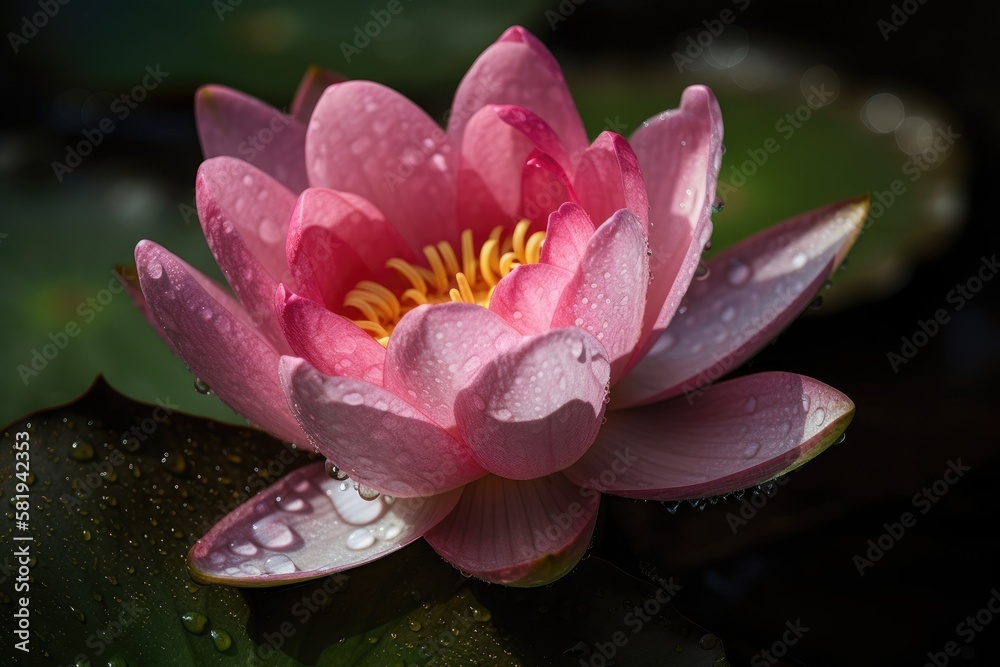For writing or decorative purposes, rain drips the water from a lovely pink waterlily or lotus flower in a pond. Generative AI For writing or decorative purposes, rain drips the water from a lovely pink waterlily or lotus flower in a pond. Generative AI