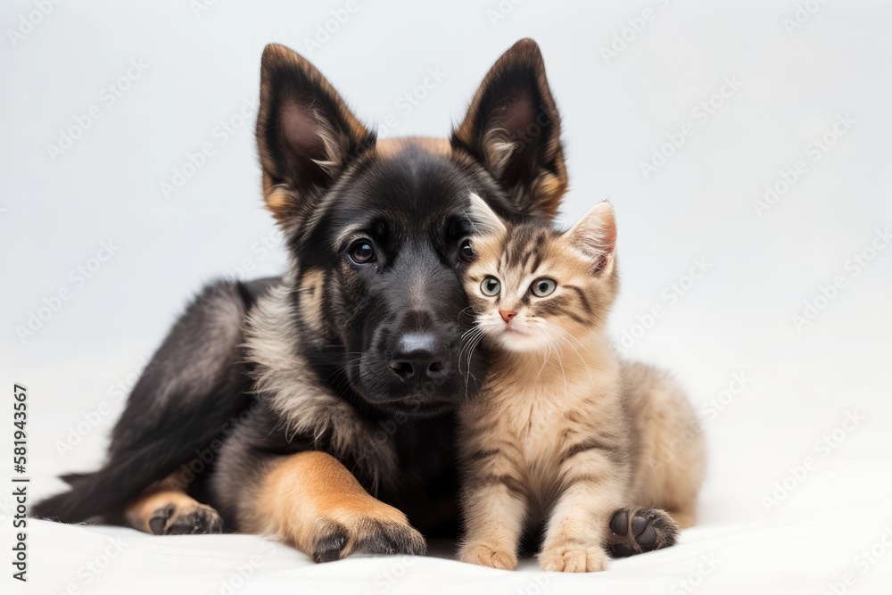 The dog comforts the kitten. isolated against a white backdrop. Generative AI